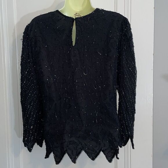 Vtg Laurence  Kazar black beaded & sequined dressy blouse - Picture 7 of 12